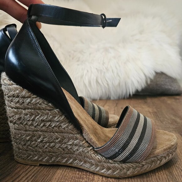 Brunello Cucinelli Monili Ankle Strap Leather Wedge Espadrille Sandals, 39IT/US9 - Picture 1 of 13